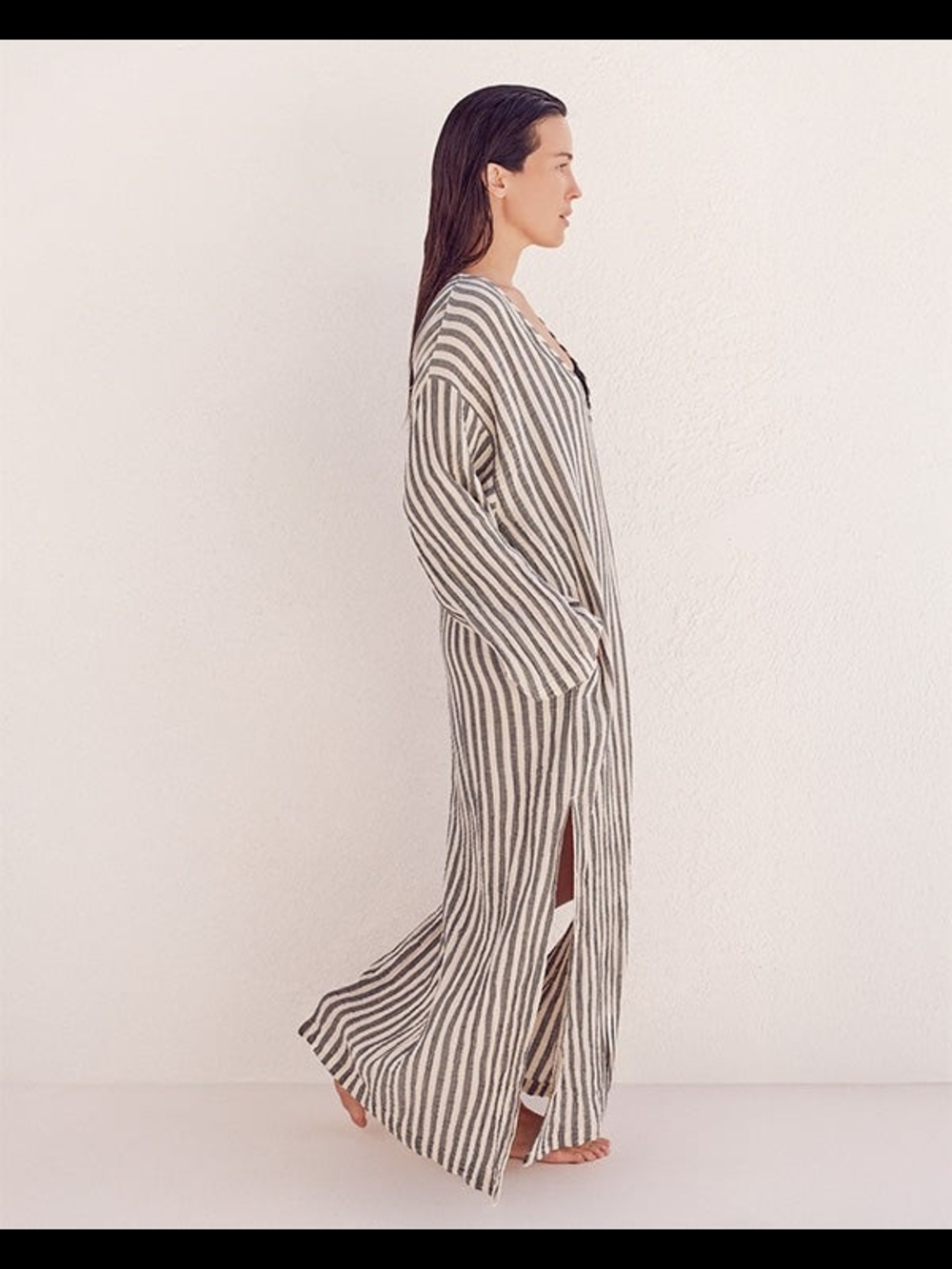 Kiltan Gauze Cover Up Striped V-Neck Maxi Caftan Dress - Neutral Stripe One Size - Picture 5 of 6